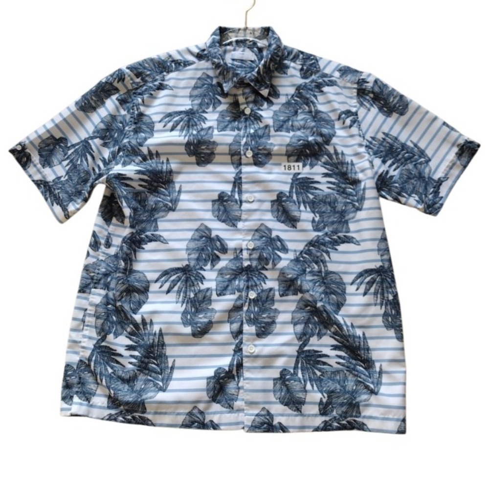 Cafe Luna Button Up Shirt Man Large Blue Floral Stripes Tropical Short Sleeves